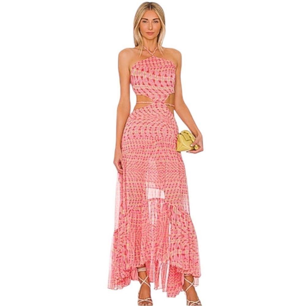 Misa Los Angeles Dalia Pink Green Cut out Halter Maxi Dress | Size L